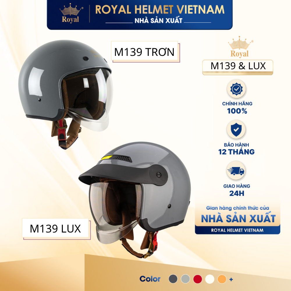 [NHÀ SẢN XUẤT] [XÁM XI MĂNG] Series Mũ Bảo Hiểm 3/4 M139 Trơn và M139 LUX Có Kính Royal Helmet, Bảo 