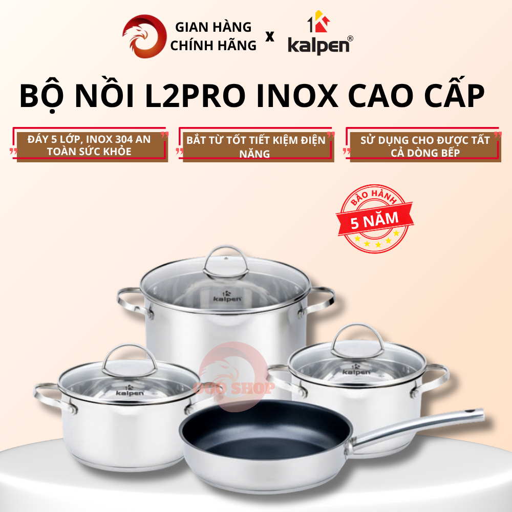 Bộ Nồi Inox 5 Đáy Kalpen L2Pro 4 Món, Chảo Chống Dính, An Toàn Sức Khỏe, Kalpen Lermat L2Pro.