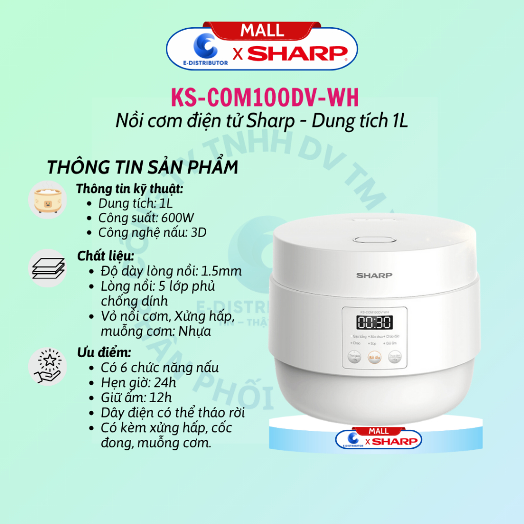 Nồi cơm điện tử Sharp KS-COM100DV-WH (1L) - Chính Hãng