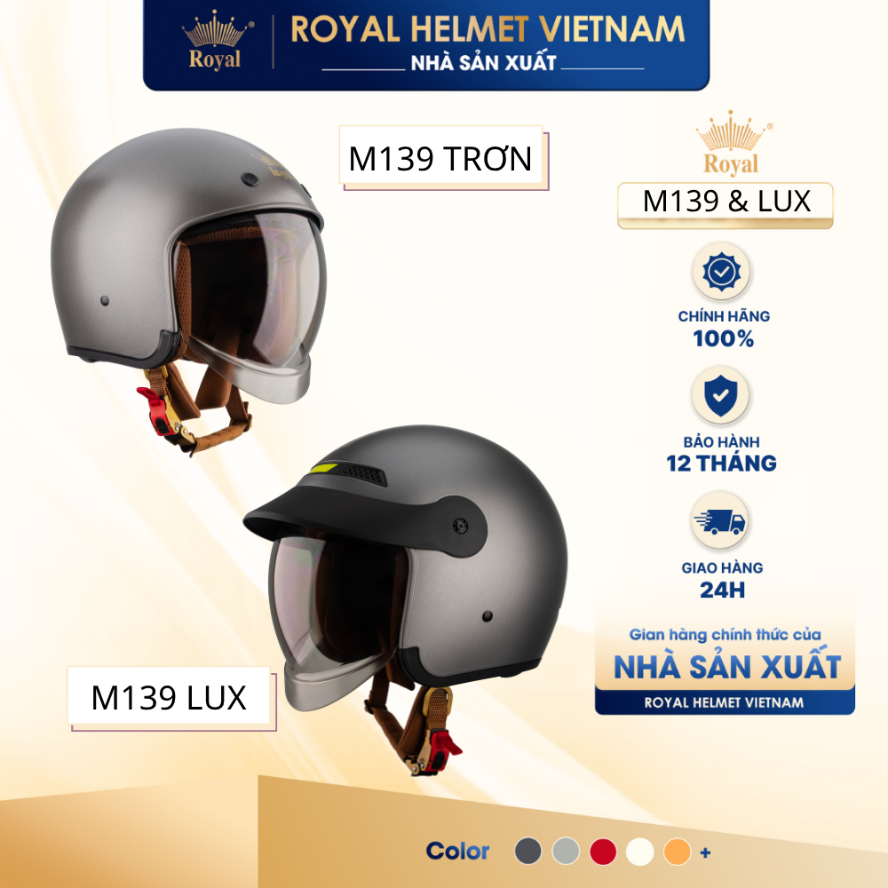 [NHÀ SẢN XUẤT] [XÁM TITAN] Series Mũ Bảo Hiểm 3/4 M139 Trơn và M139 LUX Có Kính Royal Helmet, Bảo Hà
