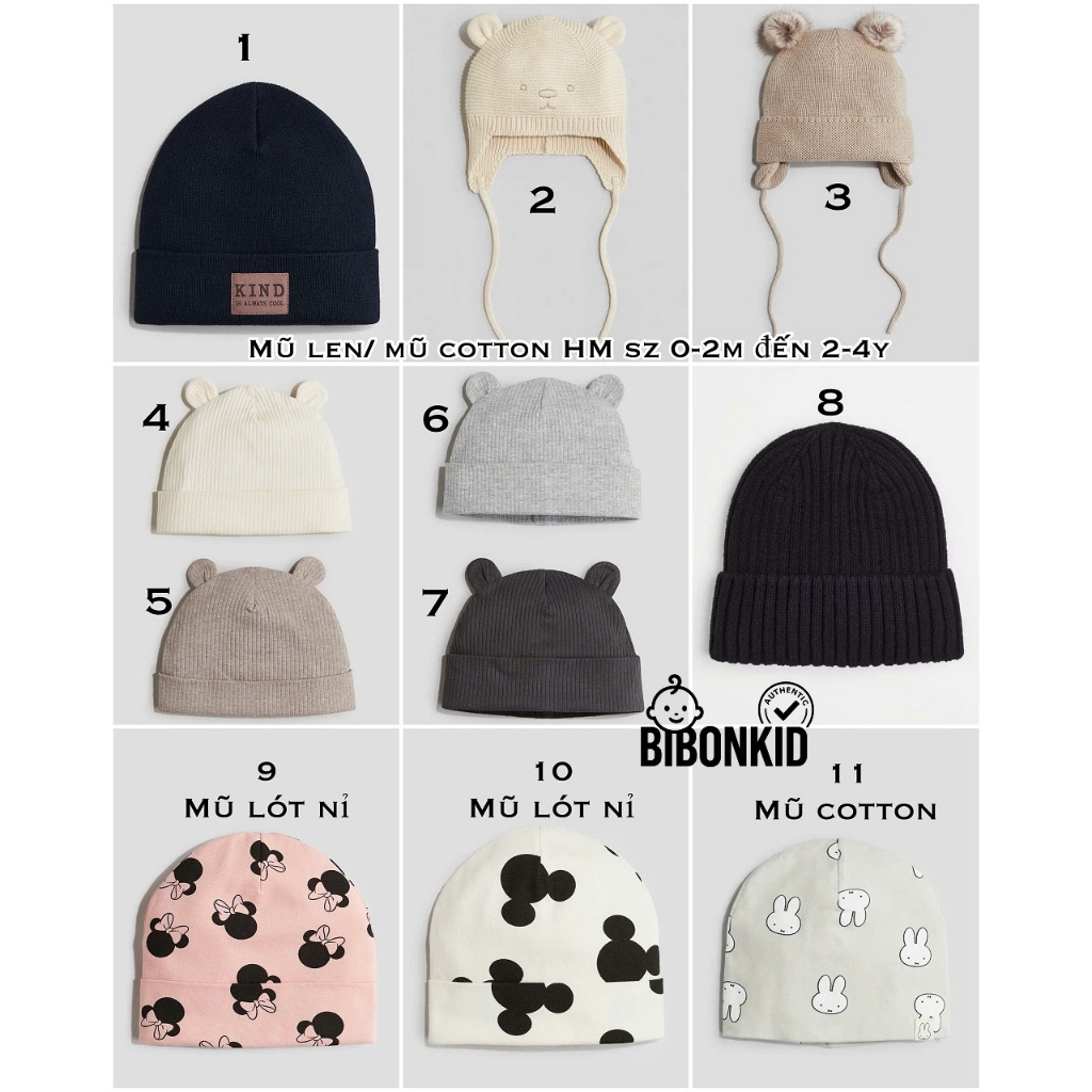 [Bibonkid] Mũ len HM size 2-6m, 6-12m, 1-2y, 1-3y, 2-4y, 4-8y, 8-12y ĐỌC KỸ LƯU Ý Ạ