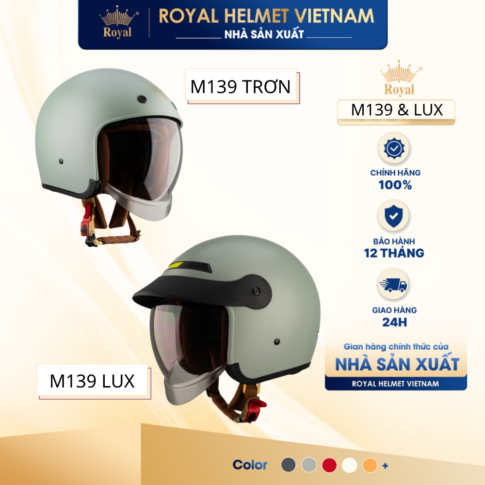 [NHÀ SẢN XUẤT] [XANH MINT] Series Mũ Bảo Hiểm 3/4 M139 Trơn và M139 LUX Có Kính Royal Helmet, Bảo Hà