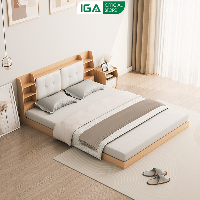 Giường bệt có đệm đầu giường 1m6x2m gỗ MDF cho Gia Đình, Homestay decor phòng ngủ IGA- GP388.03