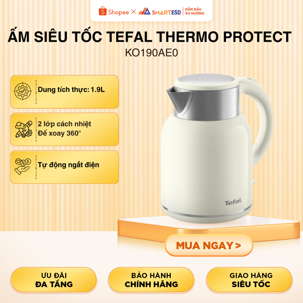 Ấm siêu tốc Tefal Thermo Protect XL KO190AE0 Trắng 1.9L - Bảo Hành 24 Tháng