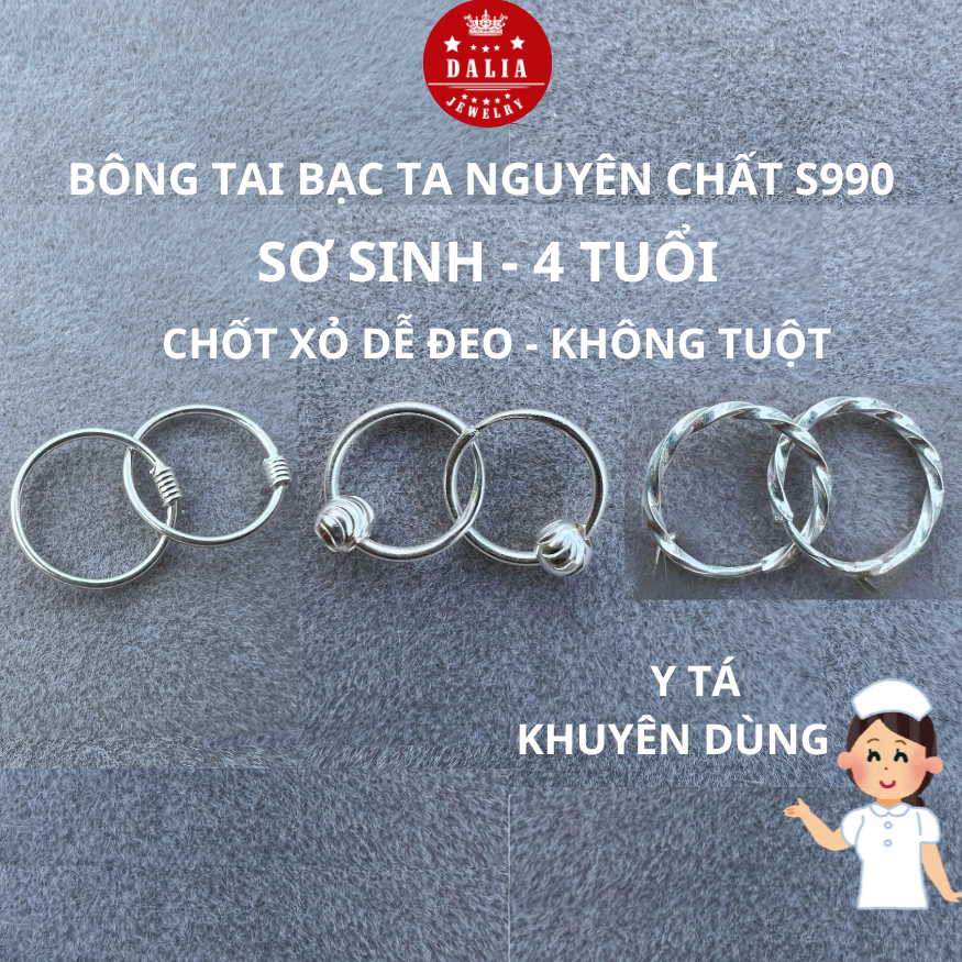 Khuyên tai bạc bé gái sơ sinh chuẩn bạc ta DaLiA Jewelry bông tai bạc trẻ sơ sinh tùng teng chuẩn bạ