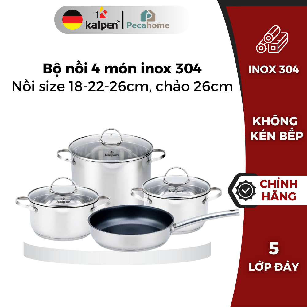 Bộ Nồi Inox 5 Đáy Kalpen L2Pro 4 Món, Chảo Chống Dính, An Toàn Sức Khỏe, Dùng Tất Cả Dòng Bếp.
