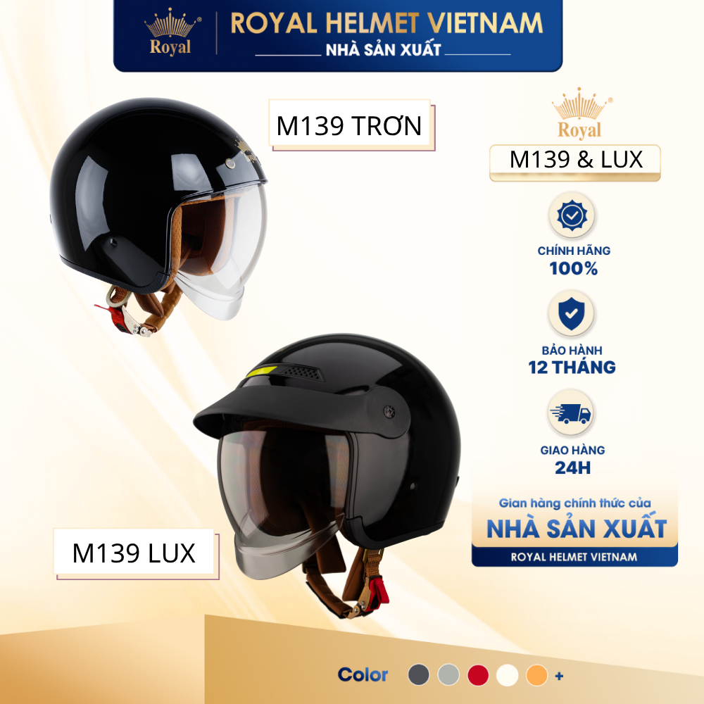 [NHÀ SẢN XUẤT] [ĐEN BÓNG] Series Mũ Bảo Hiểm 3/4 M139 Trơn và M139 LUX Có Kính Royal Helmet, Bảo Hàn