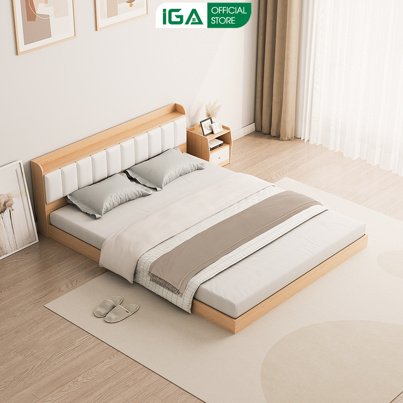 Giường Bệt giường ngủ đôi kiểu Nhật có đệm đầu giường gỗ MDF 1m6x2m decor phòng ngủ IGA- GP391.03