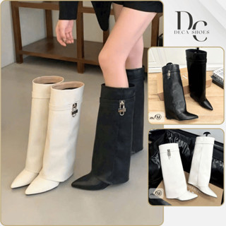 Boot đùi ống suông giả quần tag khóa bạc Boot da Pu mềm mại mũi nhọn đế xuồng phong cách_Deca shoes 