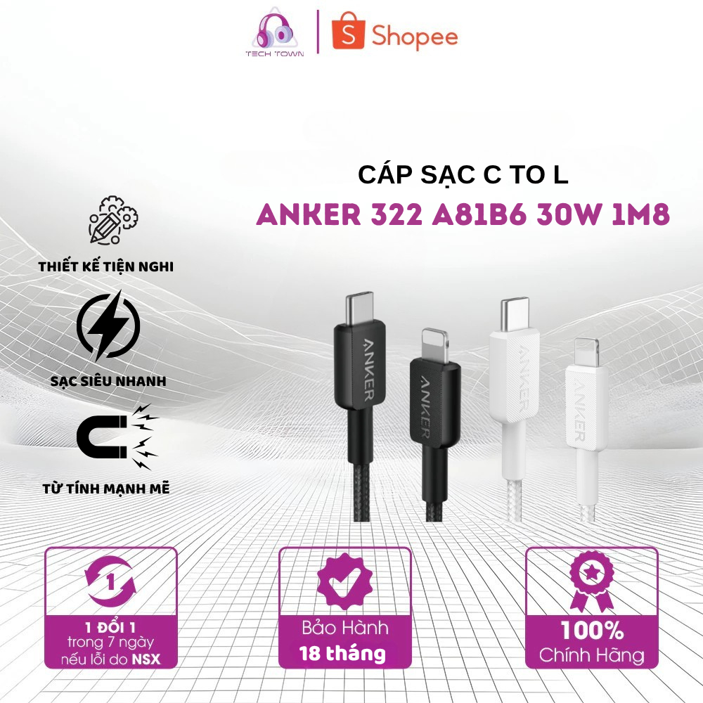 Cáp Sạc Nhanh C to L ANKER 322 A81B6 – 30W, 1.8m, Dây Bện Nylon