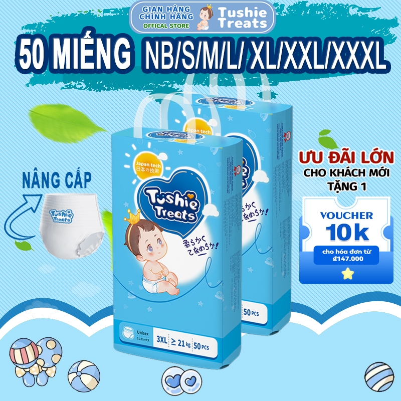 【50Miếng】TÃ BỈM/QUẦN Tushie Treats bỉm em bé Công nghệ Nhật bản ôm sát thấm 700ml hút thông thoáng N