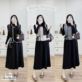   Minn.studio  Set Váy Len Kèm Áo GiLe Khuy Vàng Buộc Dây. Set Váy QC Bầu Bí Bon Chen Mặc Đi Làm,Đi Chơi Đều Đẹp 