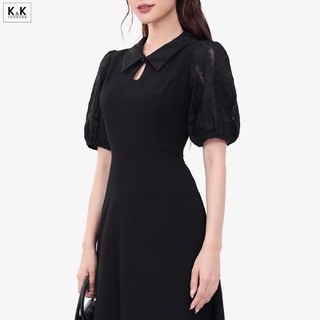  Đầm đen công sở dáng xòe cổ sơ mi K&K FASHION KK178-20 Chất liệu Thun tuyết phối ren thêu 