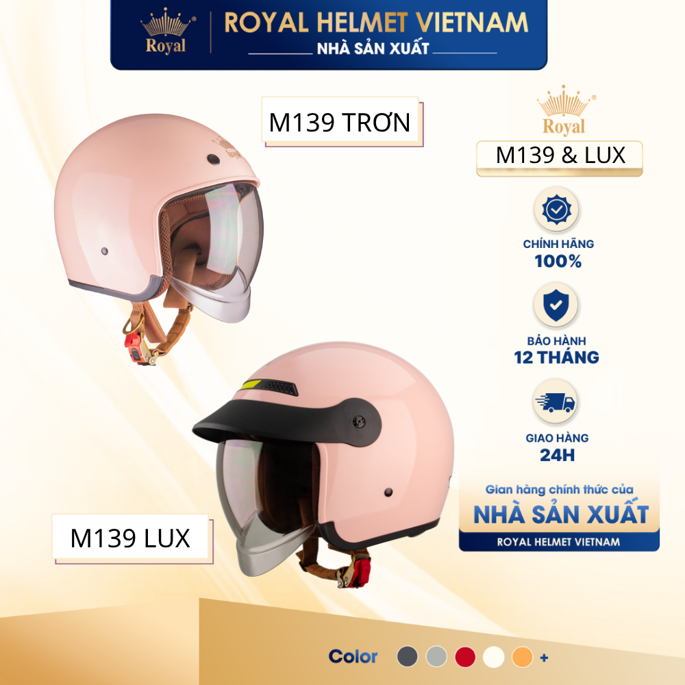 [NHÀ SẢN XUẤT] [HỒNG PC] Series Mũ Bảo Hiểm 3/4 M139 Trơn và M139 LUX Có Kính Royal Helmet, Chính Hã