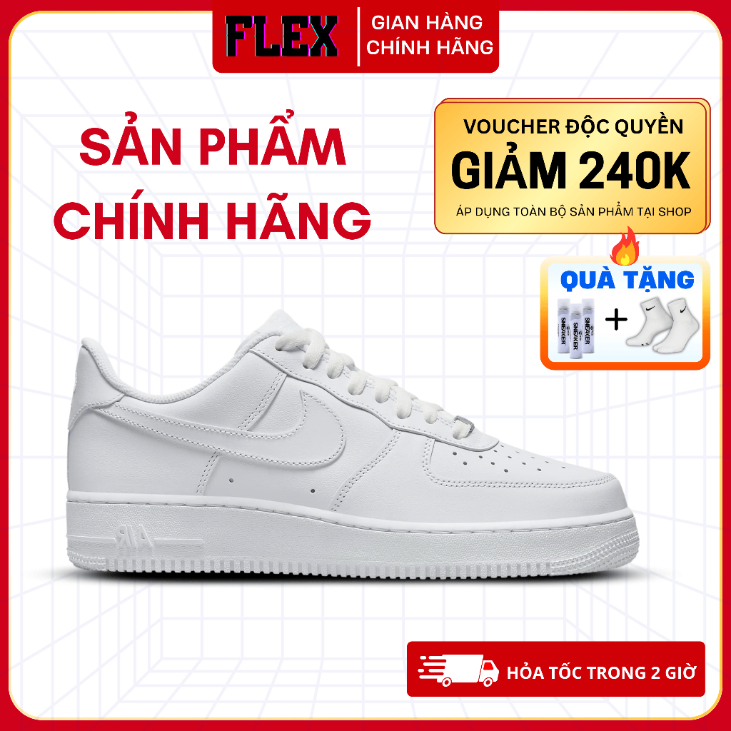 Giày Chính Hãng Cho Nam Nữ, AF1 All White Real Cổ Thấp Fullbox FLEX SHOP tặng kèm tất