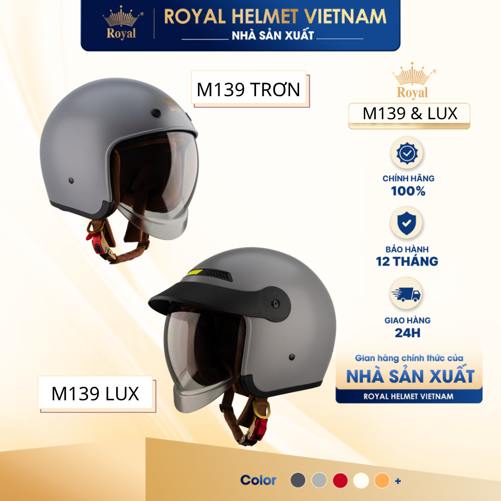 [NHÀ SẢN XUẤT] [XÁM CAMAY] Series Mũ Bảo Hiểm 3/4 M139 Trơn và M139 LUX Có Kính Royal Helmet, Bảo Hà