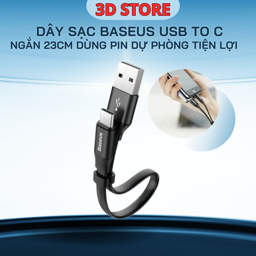 Cáp ngắn BASEUS TYPE -C to USB dùng Pin dự phòng 23Cm Chống rối Siêu bền sạc nhanh Quick Charge Andr