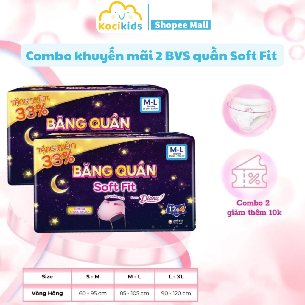 COMBO 2 Gói Băng Vệ Sinh Diana Băng Quần Đêm BVS DIANA Soft Fit 12+4 miếng/Gói