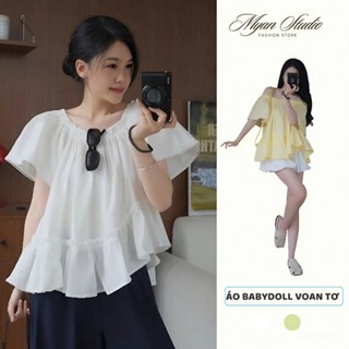  Áo babydoll voan tơ nữ đuôi xòe xinh xắn Áo trễ vai tay loe dáng phồng xoè vạt chéo phối viền ren 
