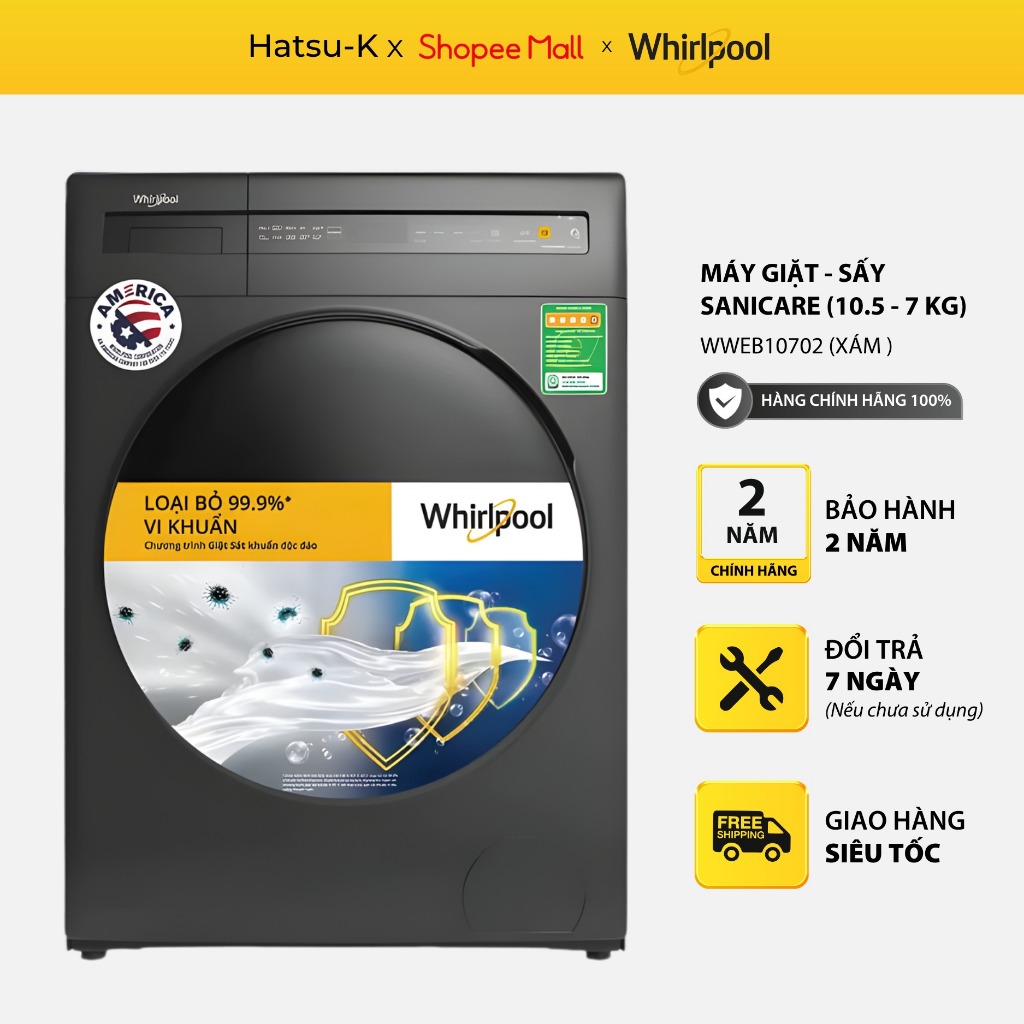 Máy giặt sấy Whirlpool 10.5kg, sấy 7kg WWEB10702 - Giặt hơi nước công nghệ Sense tiết kiệm điện