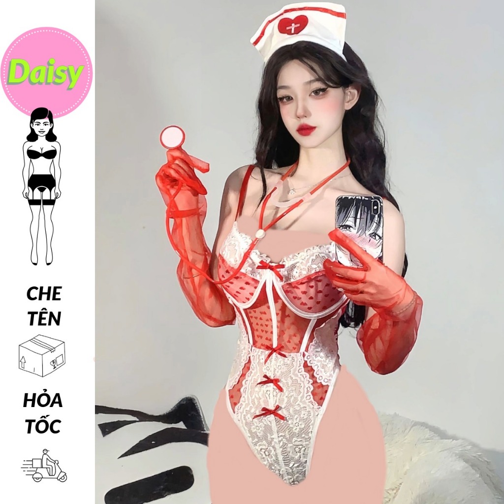 Bodysuit hóa trang nàng y tá xuyên thấu sexy - đồ lót nội y liền thân cosplay The Nurse bệnh viện ma