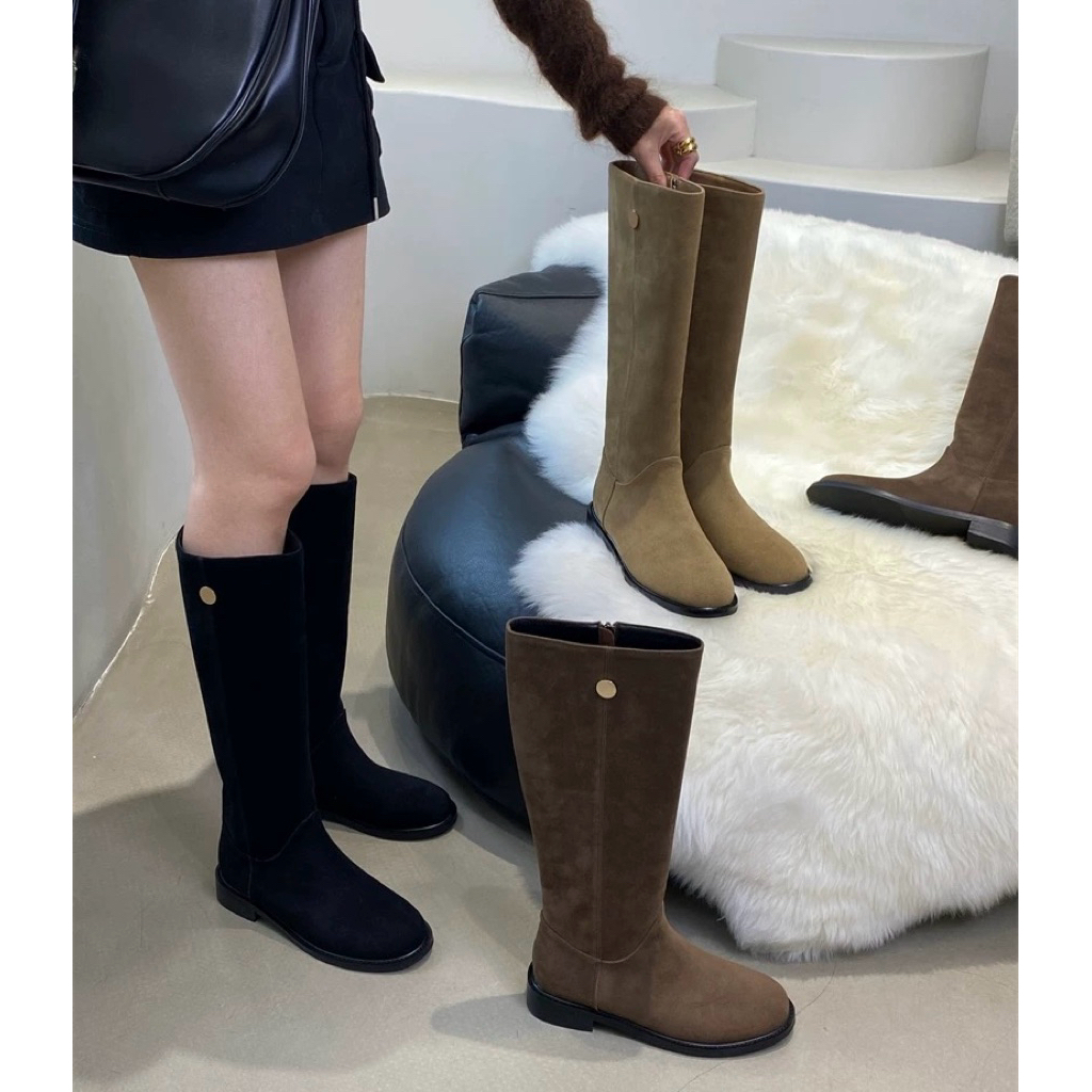 (HÀNG SẴN )bốt cao cổ da lộn mũi tròn dáng basic Ali guifei thu đông 2023 AG 268-2