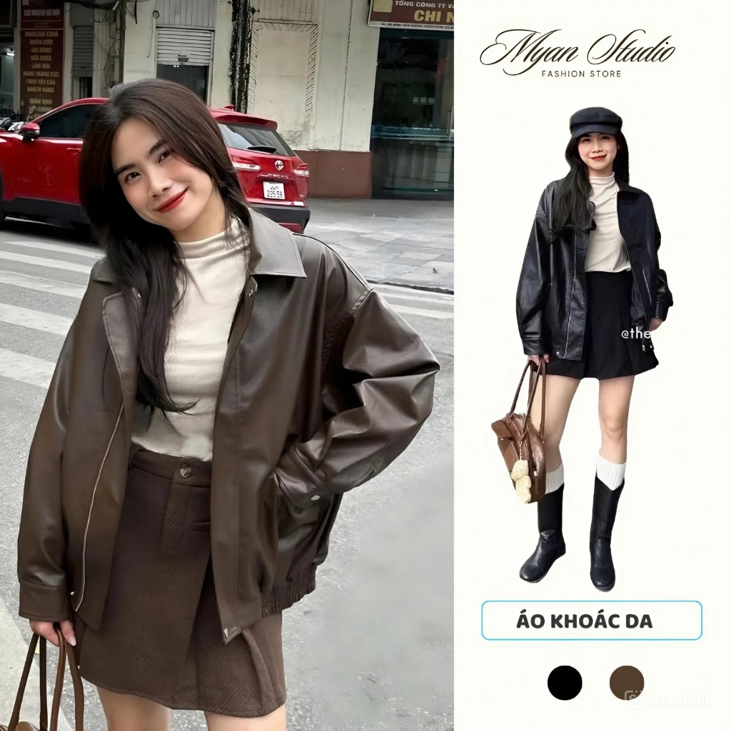 Áo khoác da nữ 2 lớp mix cúc đôi chất liệu da PU cao cấp không bong tróc phong cách Hàn Quốc_Myan St