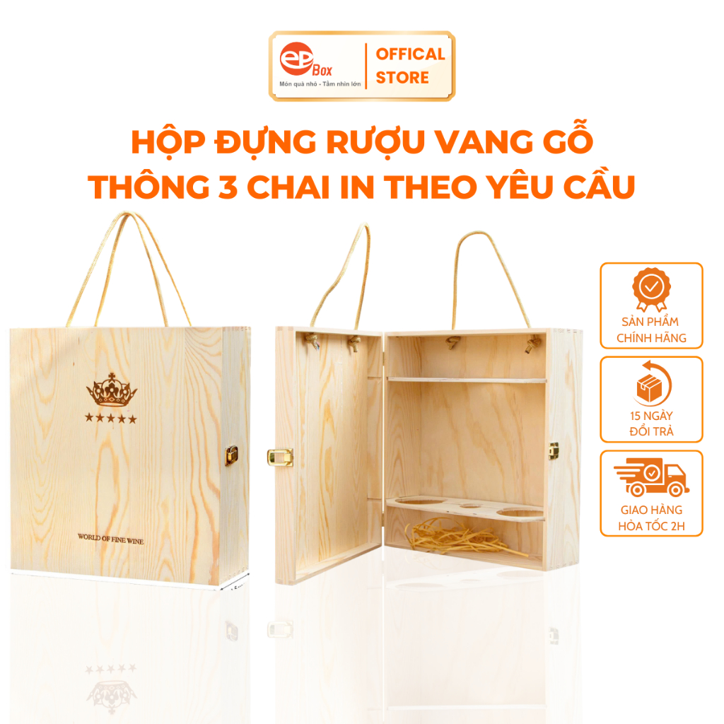 Hộp Đựng Rượu Vang Gỗ Thông 3 Chai Epvina Box In Logo/Tên Theo Yêu Cầu