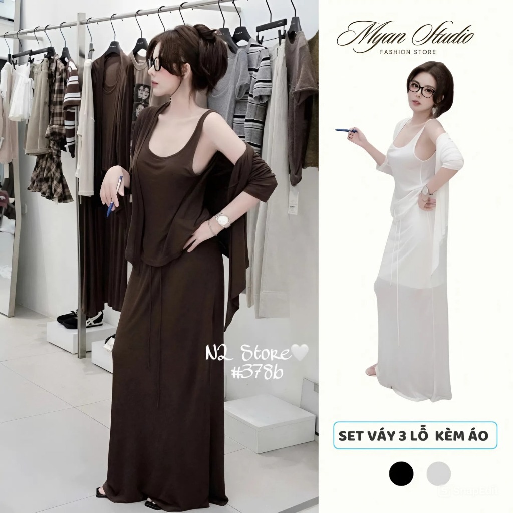 Set áo ba lỗ kèm áo khoác mix chân váy dài chất giấy mềm nhẹ_Myan store