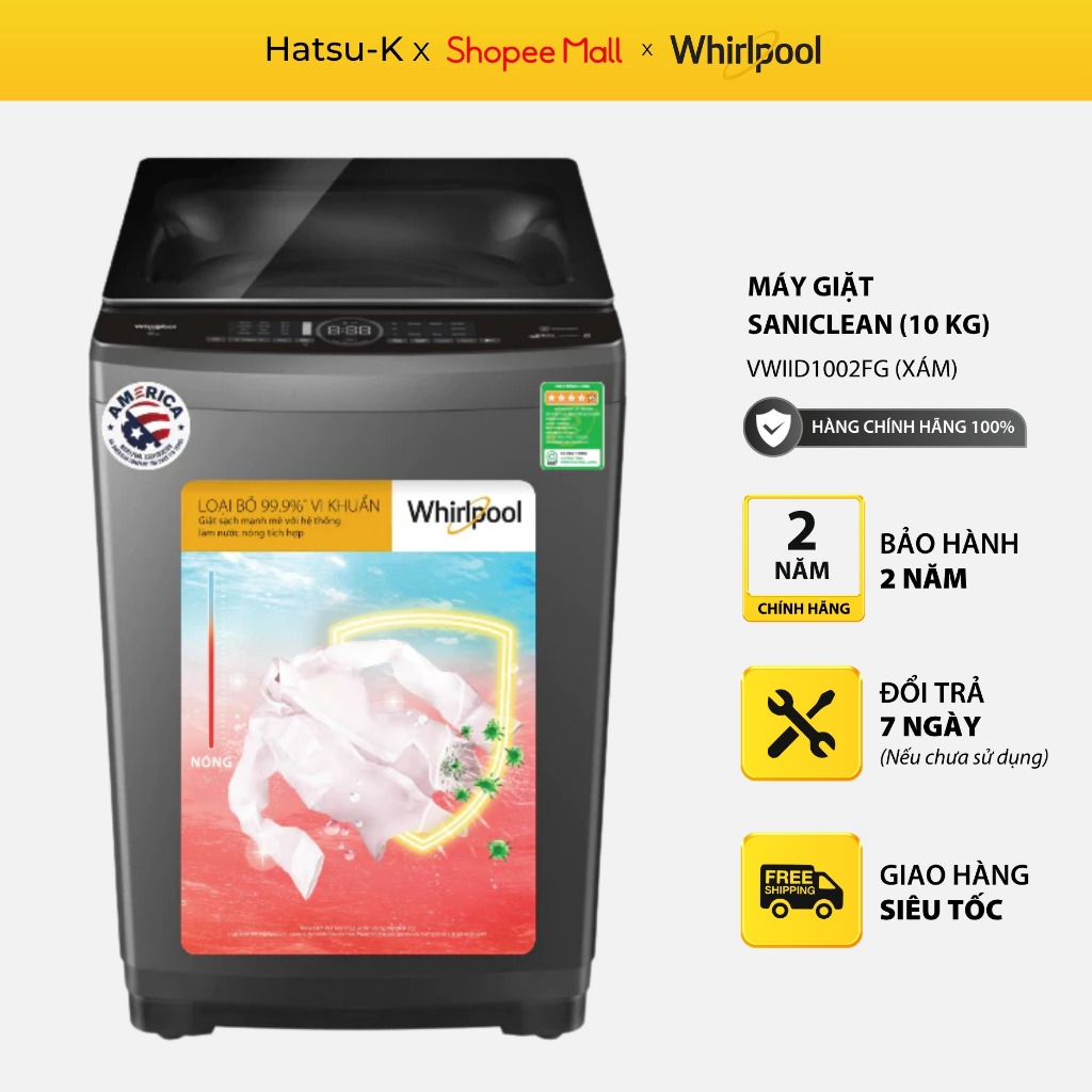 Máy giặt Whirlpool Inverter 10 Kg VWIID1002FG - Giặt nước nóng, công nghệ 6th SENSE thông minh