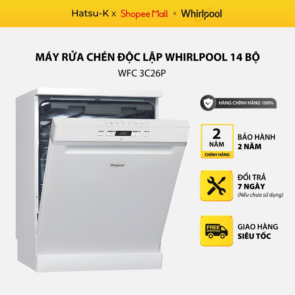 Máy rửa chén độc lập Whirlpool WFC 3C26P, máy rửa bát độc lập sức chưa lớn 14 bộ phù hợp gia đình