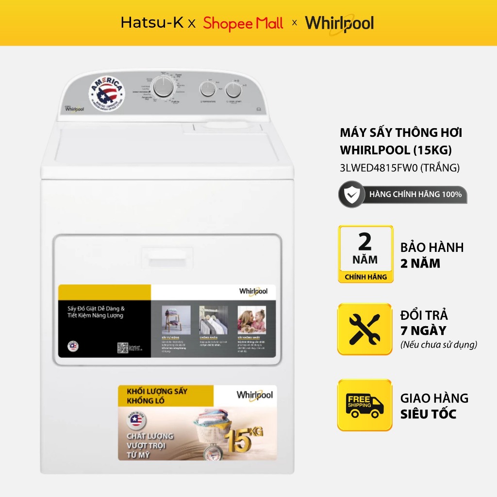 Máy sấy thông hơi Whirlpool 15 Kg 3LWED4815FW0 - 14 chương trình sấy, công suất 4725W, chống nhăn