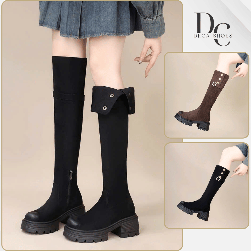 Boot đùi nữ dài da lộn đế cao 7cm trên đầu gối, boot cổ cáo dáng ôm cao cổ bẻ khuy bấn mang được 2 k