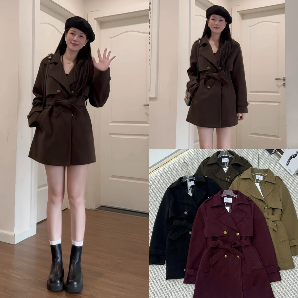 D1-Áo khoác dạ chần bông dài tay kèm đai form suông hàn