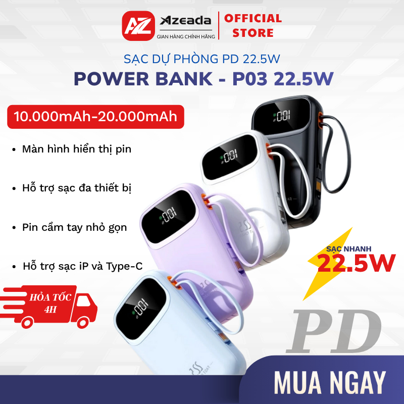 Sạc Dự Phòng PD 22.5W 10000mAh 20000mAh Pin Dự Phòng Tích Hợp Dây Đôi Sạc Nhanh Có Màn Hình Led P03