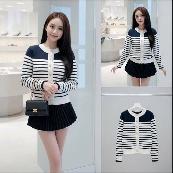 Áo Len Cardigan Dệt Kim Kẻ Sọc Ngang L01 Phối Cúc Hoa Sen, Áo Khoác Len Dệt Kim Mềm
