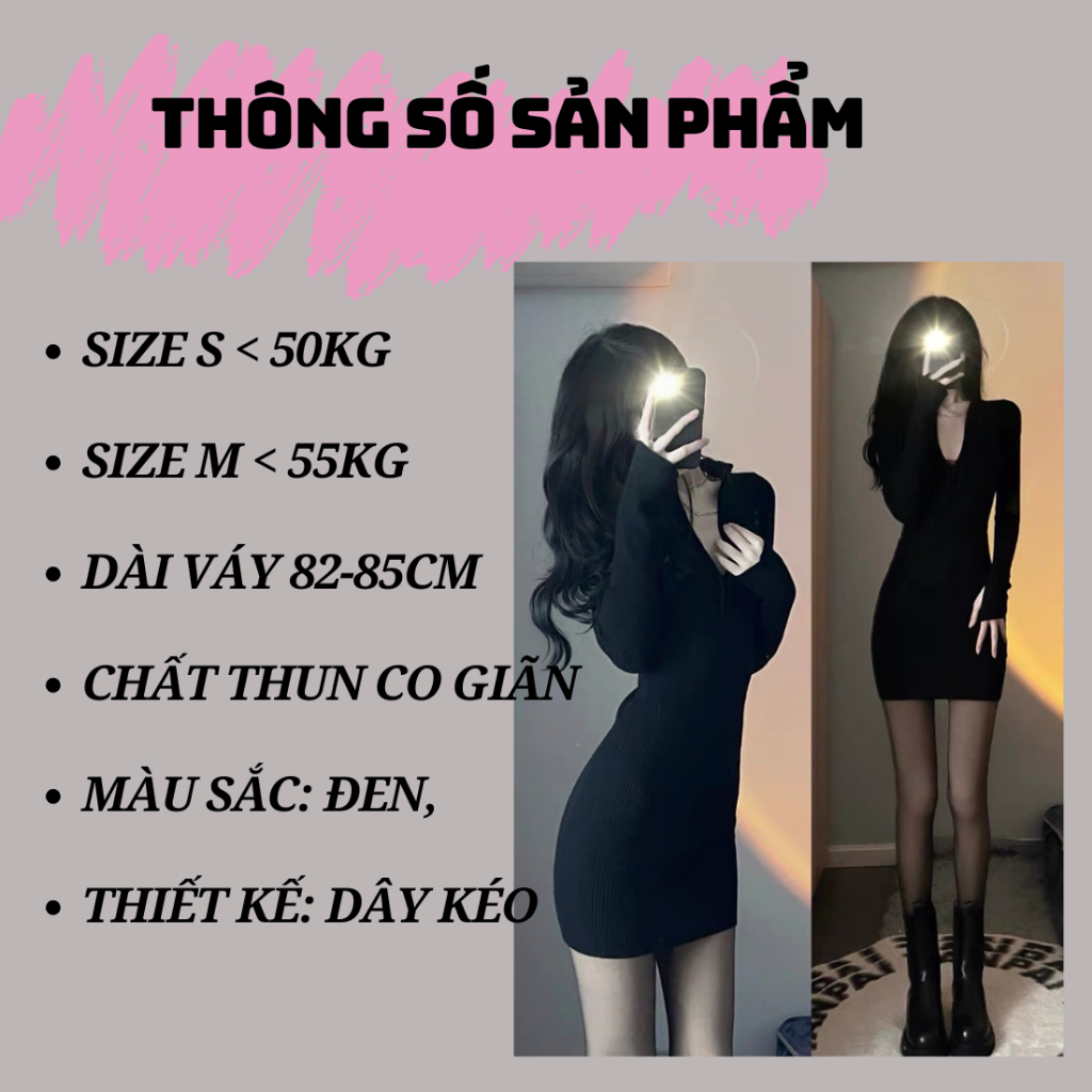 Đầm body tay dài kéo khóa trước ngực màu đen chất thun co giãn mặc thoải mái tôn dáng sexy quyến rũ | BigBuy360 - bigbuy360.vn