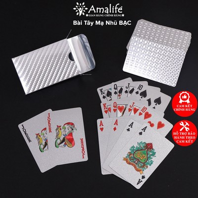 Bài Tây Poker Mạ Nhũ BẠC Cao Cấp Phủ Si BẠC Hãng Amalife – Bộ 54 Lá Bài Pocker Nhựa Dẻo Chống Thấm Nước Chống Gãy