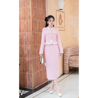  Sét váy dạ 2 lớp thiết kế Rosy A01 áo đính kết hoa xinh xắn chân váy bút chì tôn dáng và che khuyết điểm 