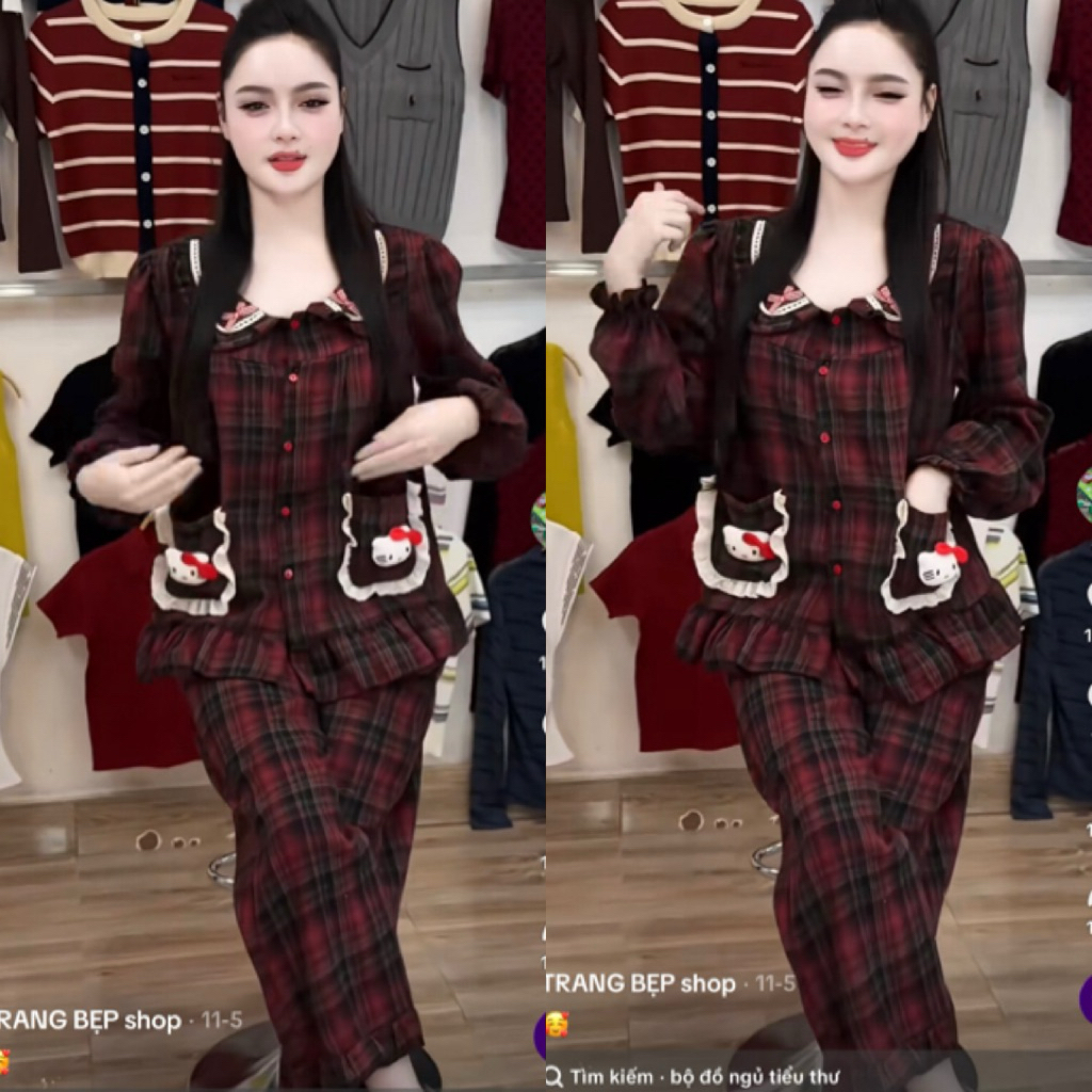 Set Bộ Ngủ Pijama , Set Bộ Ngủ Dạ Kẻ Cổ Mí Viền M99