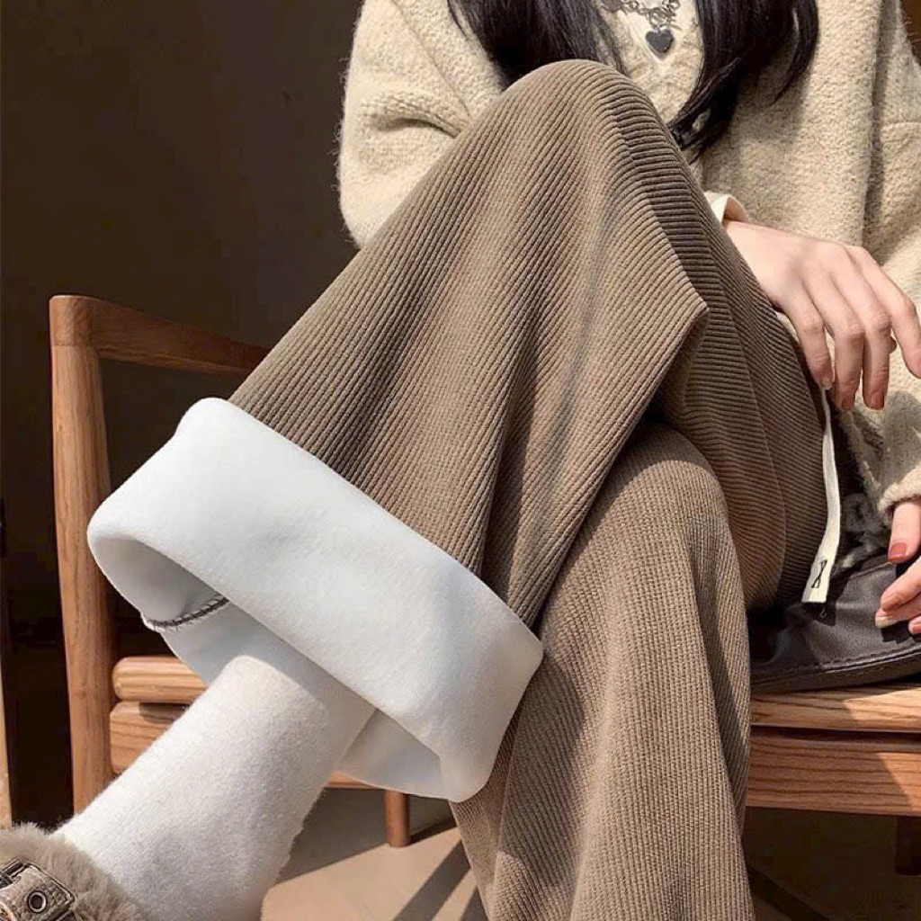 Quần dài chất nhung tăm cao cấp lót lông ống rộng cạp chun phong cách hàn quốc