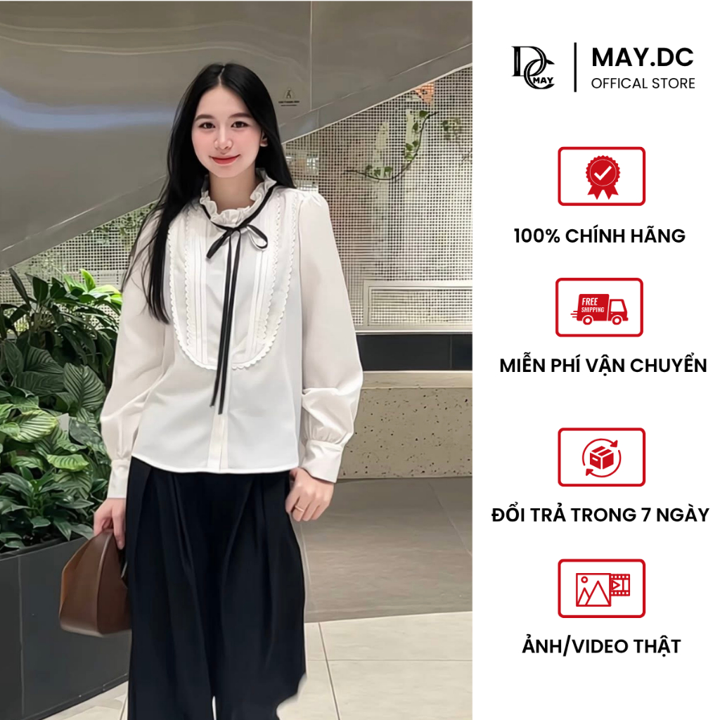 Éclat Noir By MAY.DC DESIGN Áo Sơ Mi Trắng Cổ Bèo Phối Nơ Đen