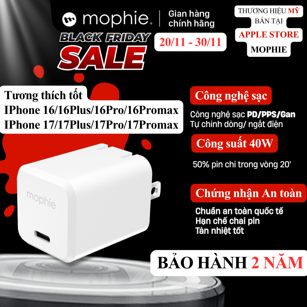   Dành cho iPhone 17 16 Series  Củ Sạc Nhanh Mophie GaN PD 40W PD | Hạn chế chai pin | BH 24 Tháng 