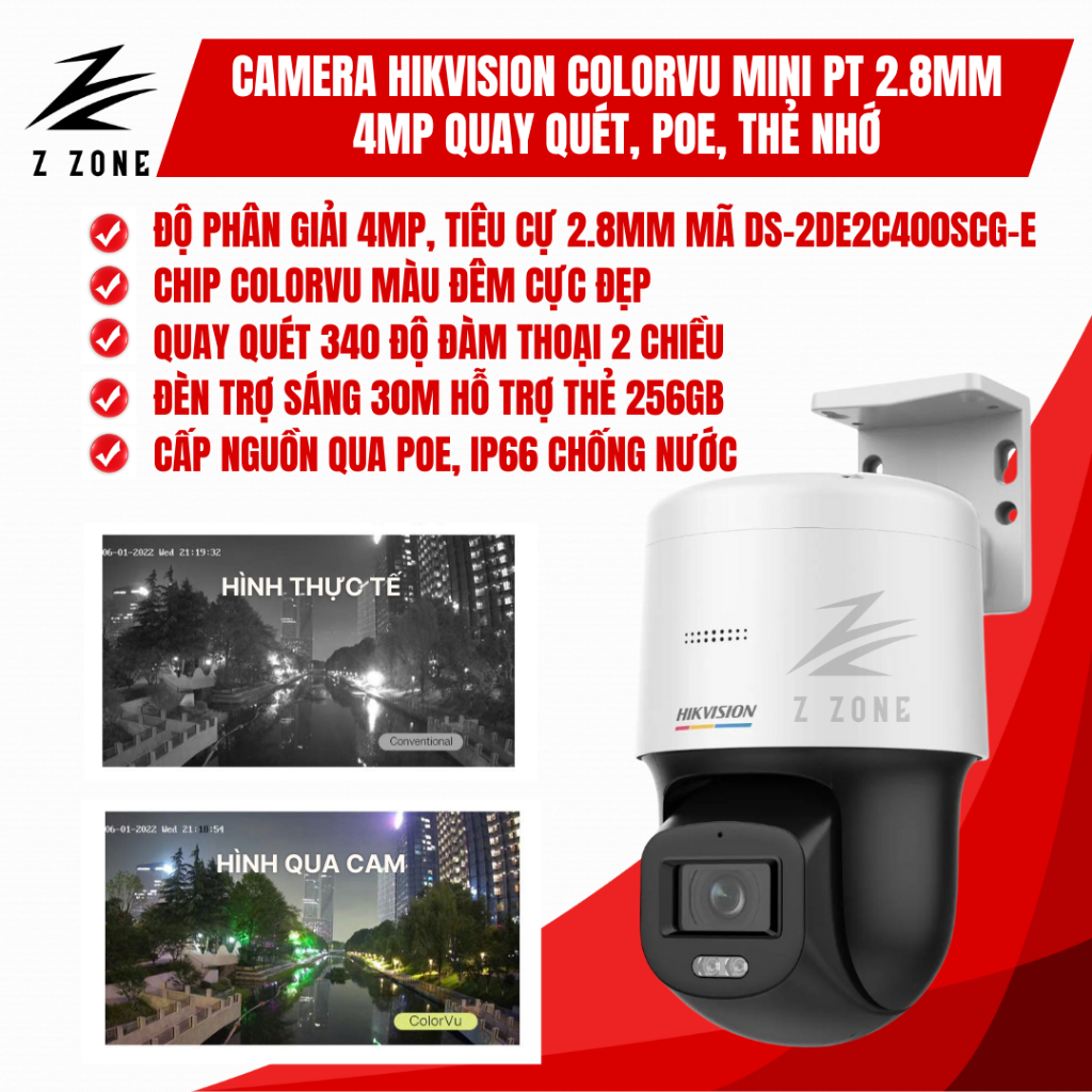 Camera IP ColorVu Hikvision DS-2DE2C400SCG-E(F0) – Có Màu Ban Đêm, Quay Quét 360°, Đàm Thoại 2 Chiều
