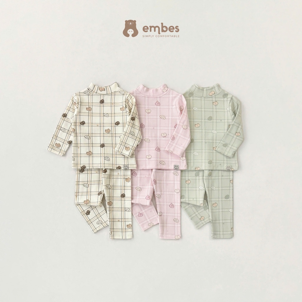 Bộ Dài Tay Cổ 3 Phân Embes, Bộ Thu Đông In Họa Tiết Chất Cotton Cho Bé Trai Bé Gái Size Từ 8-18kg