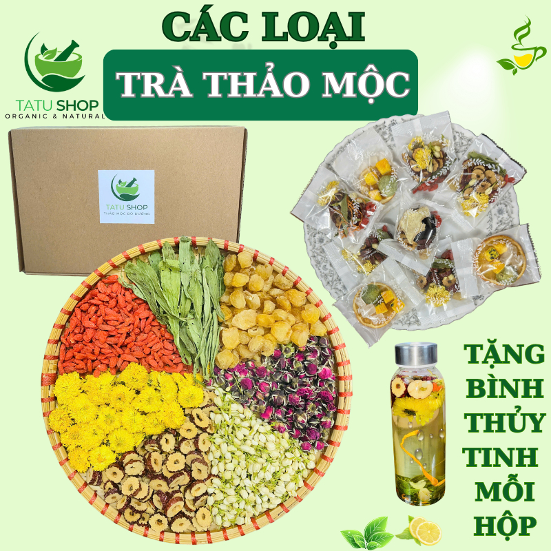 Trà Dưỡng Nhan7 Vị Thảo Mộc,DETOX, Có MIX CÁC LOẠI (Hộp 30 Gói Tặng Chai Thủy Tinh ) Đẹp Da, Giảm Cân, Thanh Lọc,