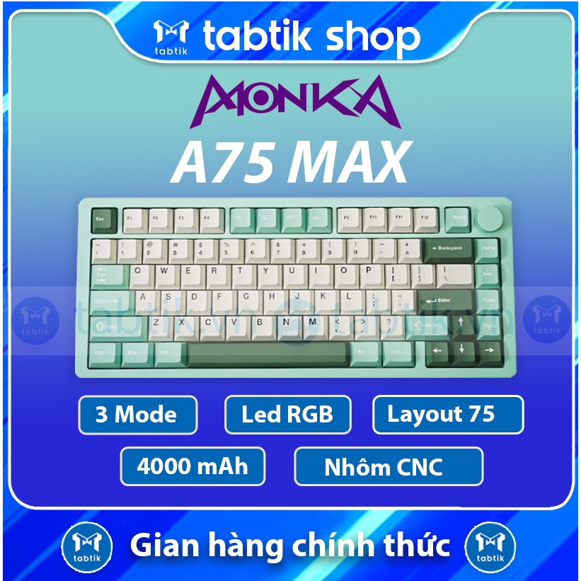 [Hỏa Tốc] Bàn Phím Cơ Không Dây Monka A75 Max Green - Nhôm (3 Mode | Led RGB | Hot Swap | 4000maH)