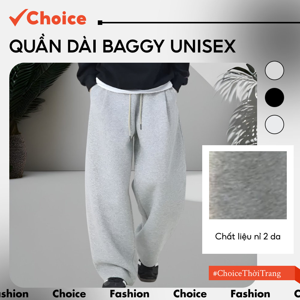 [Choice] Quần Dài Baggy Unisex FA1-2713-5 Xếp Ly, Cạp Chun, Form Suông Rộng, Chất Nỉ 2 Da, THR1