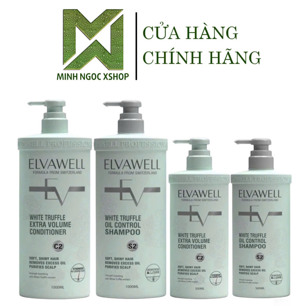 Dầu Gội Xả Giảm Rụng Tóc Sạch Dầu Bết ELVAWELL White Truffle S2 C2 500ML - 1000ML, Màu Xanh