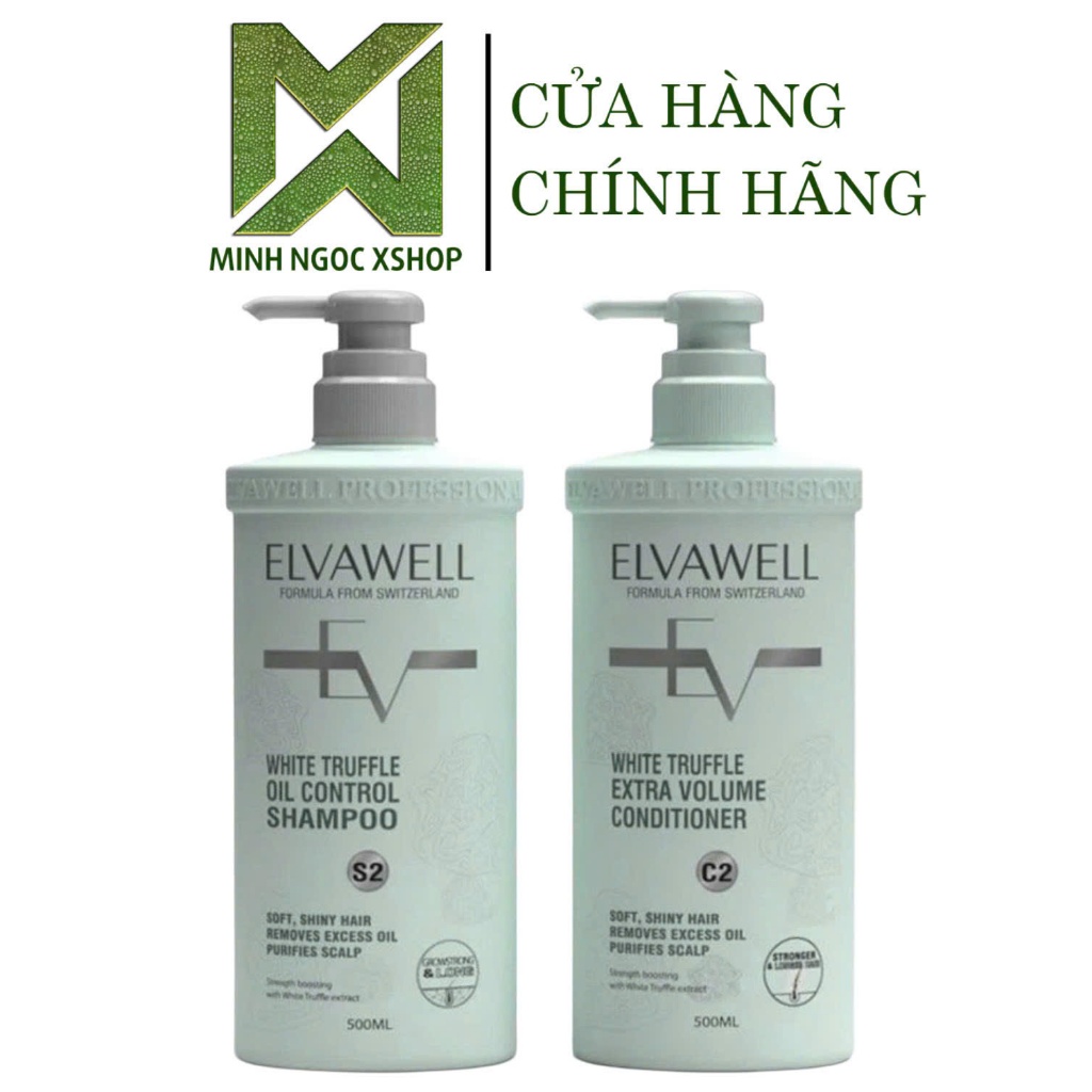 Dầu Gội Xả Giảm Rụng Tóc Sạch Dầu Bết ELVAWELL White Truffle S2 C2 500ML, Màu Xanh
